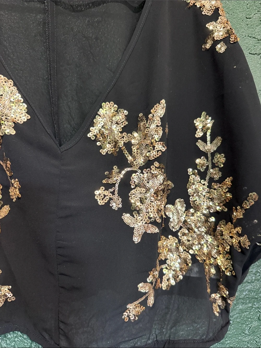 Nasty Gal Black Sequin Floral V-Neck Blouse